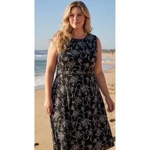 New Talbots Woman Summer Midi Dress Fairy Black White Floral Size 16 $149 XL